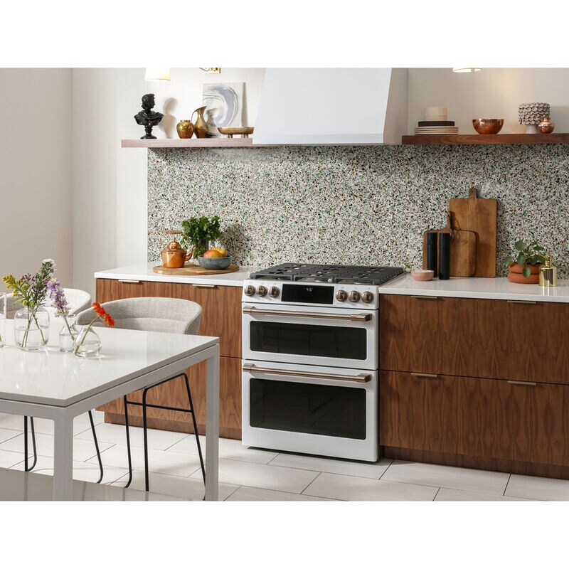 Cafe 30 in. 6.7 cu. ft. Smart Air Fry True European Convection Double Oven Slide-In Gas Range with 6 Sealed Burners & Griddle - Matte White, Matte White, hires