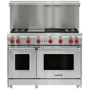 Wolf 48 in. 6.9 cu. ft. Standard Convection Double Oven Gas Range with 4 Sealed Burners, Grill & Griddle - Stainless Steel, , hires