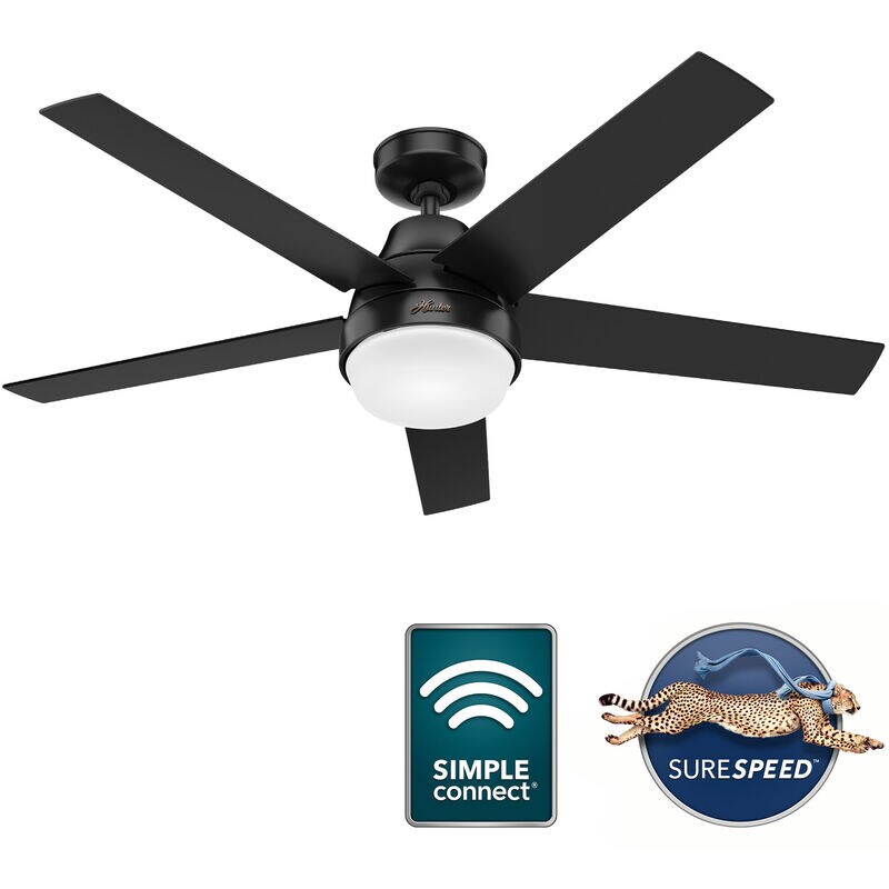 Hunter Aerodyne 52 in. WiFi Ceiling Fan with LED Light Kit and Remote - Black, Black, hires
