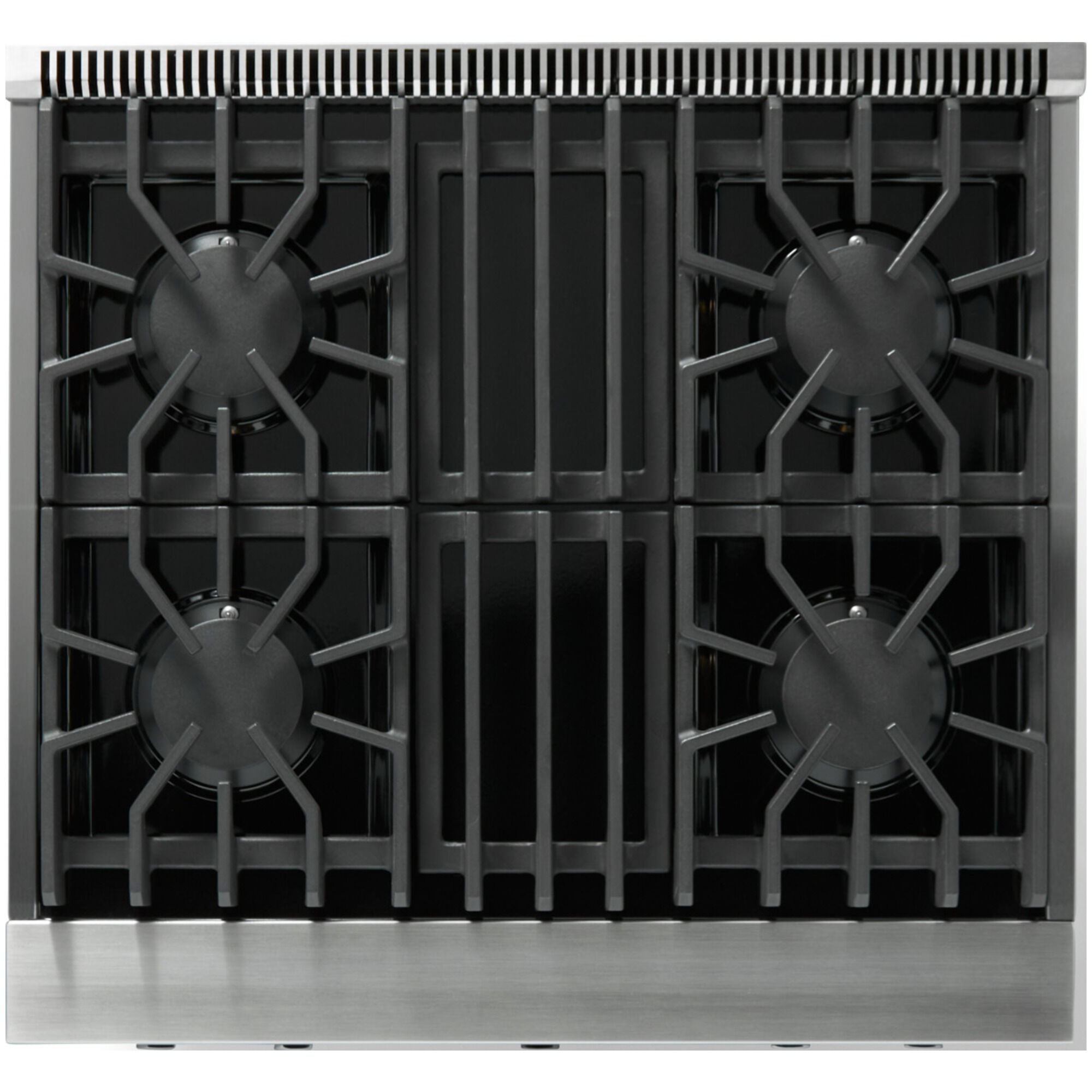 Viking 5 Series 30-inch Dual Fuel Range in Stainless Steel with Brass finish, top angled view of burners and grates.