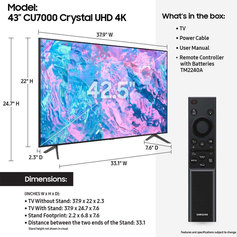 TV Samsung 43 Pulgadas 4K Ultra HD Smart TV LED UN43CU7000FXZX