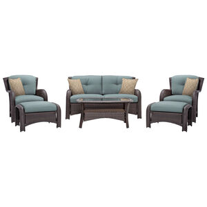 Hanover Strathmere 6-Piece Deep Seating Patio Furniture Set with Glass Top Coffee Table & 2 Ottomans - Ocean Blue, , hires