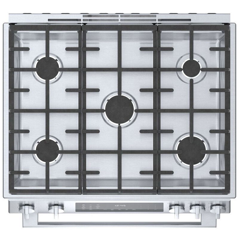 Bosch Benchmark Series 30" Slide-In Dual Fuel Range with 5 Sealed Burners, 4.6 Cu. Ft. Single Oven & Warming Drawer - Stainless Steel, , hires