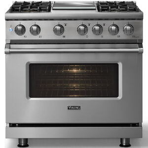 Viking 5 Series 36 in. 5.6 cu. ft. True European Convection Dual Fuel Range with 4 Sealed Burners & Griddle - Stainless Steel - Liquid Propane Gas, Polished Chrome Trim Option, , hires