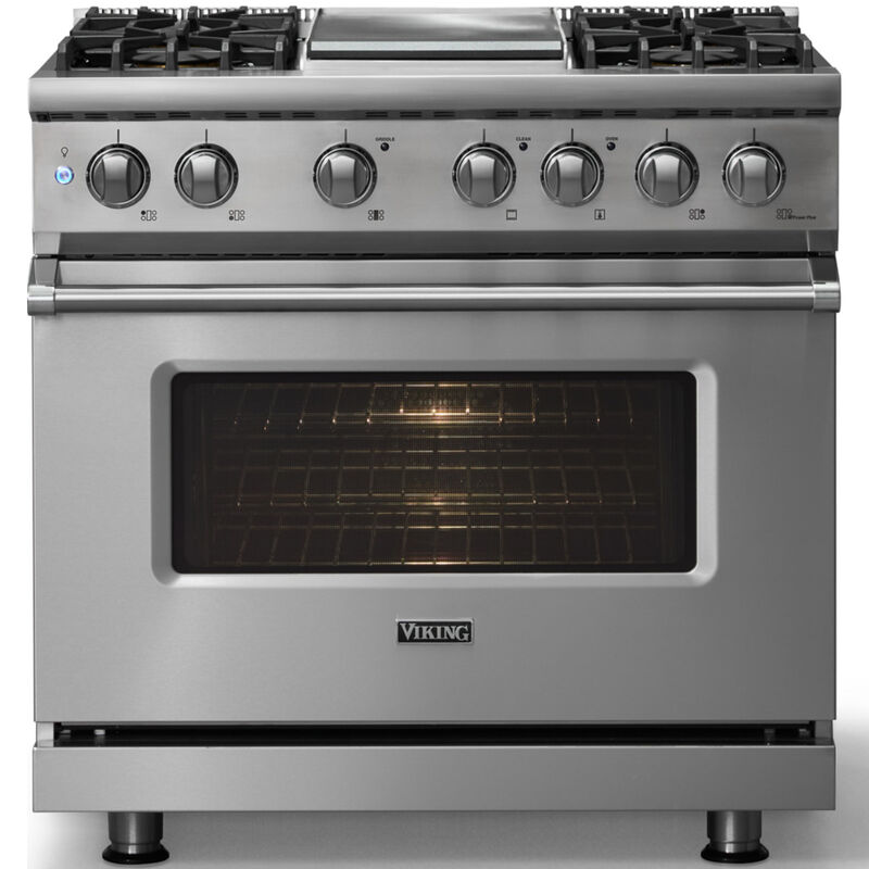 Viking 5 Series 36 in. 5.6 cu. ft. True European Convection Dual Fuel Range with 4 Sealed Burners & Griddle - Stainless Steel - Liquid Propane Gas, Polished Chrome Trim Option, , hires