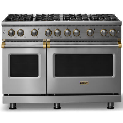 Viking 5 Series 48 in. 6.1 cu. ft. Standard Convection Double Oven Gas Range with 8 Sealed Burners - Stainless Steel - Natural Gas, Brushed Brass Trim Option | VGR54848BSSB