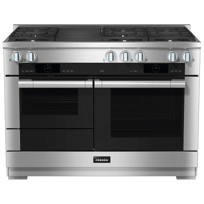 Miele 48 in. 4.7 cu. ft. Smart Convection Double Oven Freestanding Dual Fuel Range with 6 Sealed Burners & Grill - Clean Touch Steel | HR1955-3DFGR