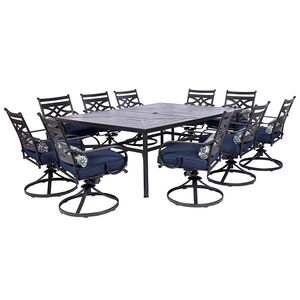 Hanover Montclair 11-Piece Dining Set in Navy Blue with 10 Swivel Rockers and a 60-In. x 84-In. Table - Navy/Brown, , hires