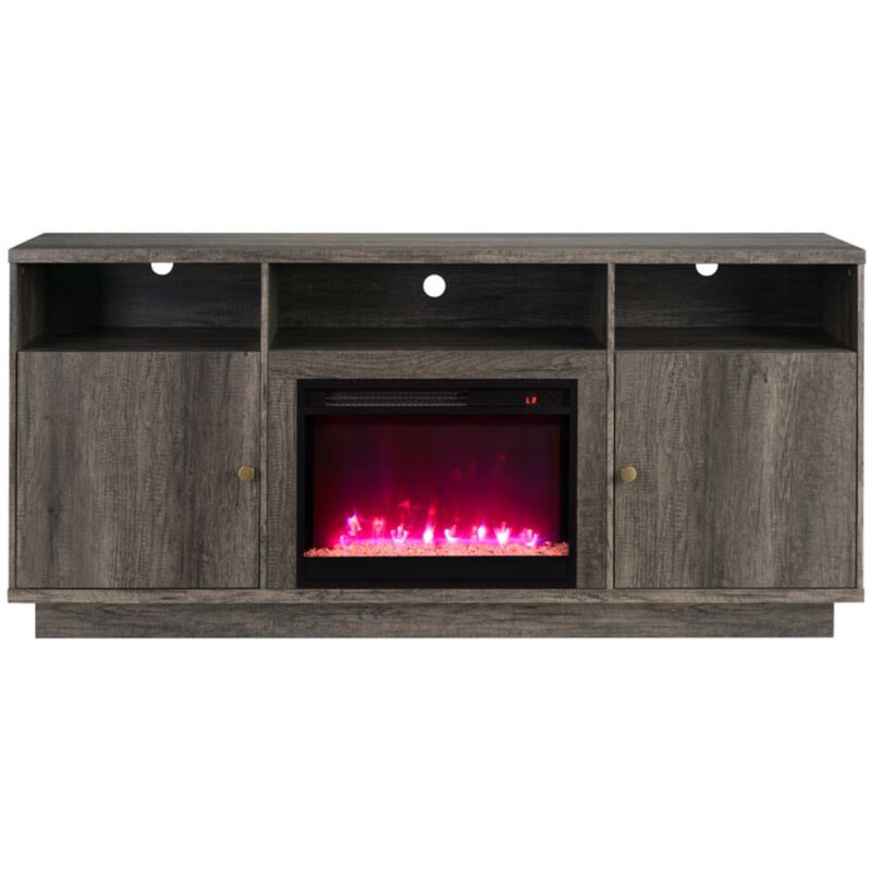 Lilola Ambrose 70"W Gray Walnut Finish Fireplace TV Stand Console with Heater, LED Light, Cabinets, Shelves, , hires