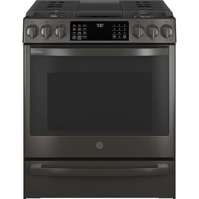 GE Profile 30 in. 5.6 cu. ft. Smart Air Fry Convection Oven Slide-In Gas with 5 Sealed Burners, Grill & Griddle - Fingerprint resistant Black Stainless | PGS930BPTS