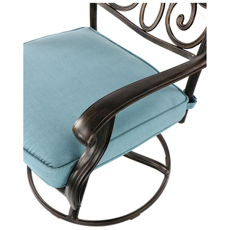 Hanover Traditions 7-Piece Dining Set in Blue with a 60 In. Round Cast-top Table and Six Swivel Rockers, , hires