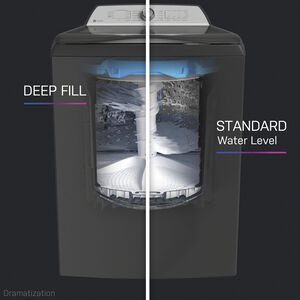 GE Profile 28 in. 5.3 cu. ft. Smart Top Load Washer with Agitator, Smarter Wash Technology, FlexDispense & Sanitize with Oxi - White, White on White, hires