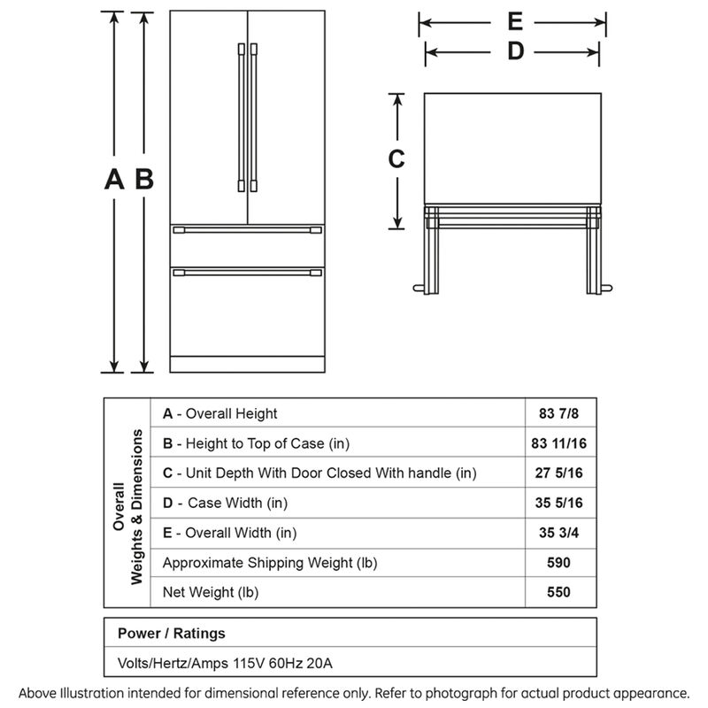 GE Cafe 36in. 20.1 cu. ft. Integrated 4-Door French-Door Refrigerator- Stainless Steel, , hires