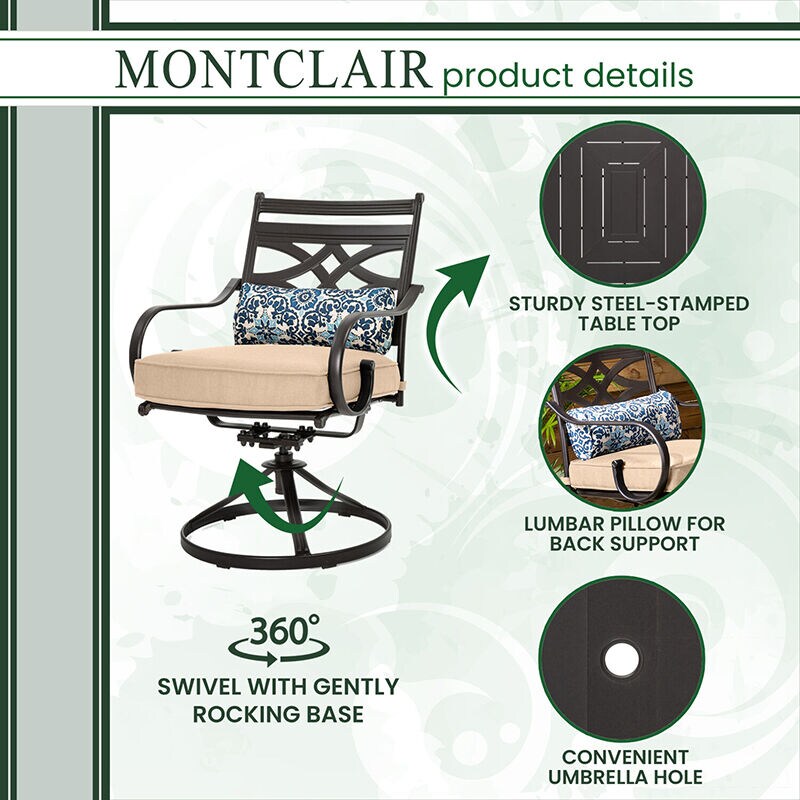 Hanover Montclair 7-Piece Dining Set with 6 Swivel Rockers - Tan/Brown, , hires