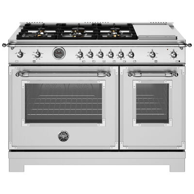 Bertazzoni Heritage Series 48 in. 7.1 cu. ft. Convection Double Oven Freestanding Natural Gas Range with 6 Sealed Burners & Griddle - Stainless Steel | HER486BTGMXT