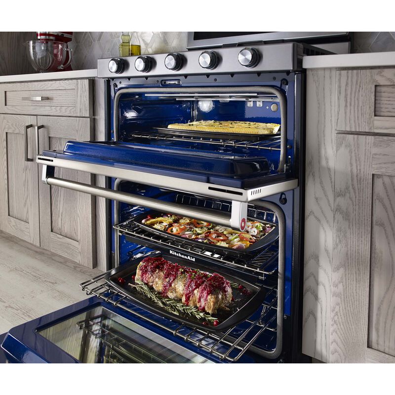 KitchenAid 30 in. 6 cu. ft. True European Convection Double Oven Gas Range with 5 Sealed Burners & Griddle - Stainless Steel, Stainless Steel, hires