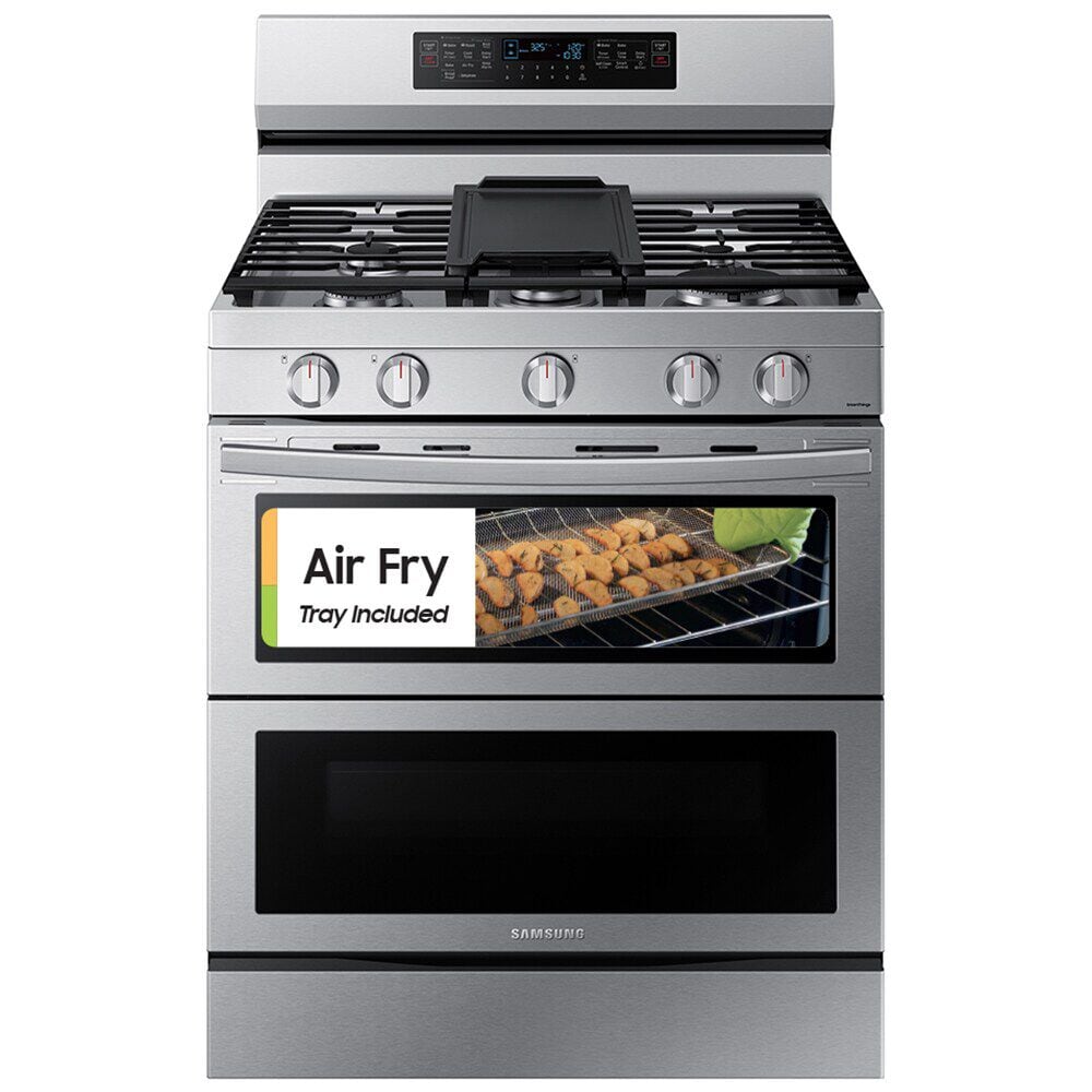 Samsung 30 in. 6.0 cu. ft. Smart Air Fry Convection Double Oven Freestanding Gas Range with 5 Sealed Burners Griddle Stainless Steel