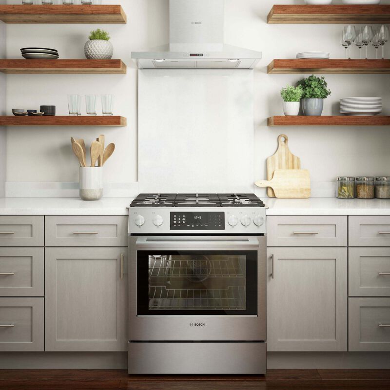 Bosch Benchmark Series 30" Slide-In Dual Fuel Range with 5 Sealed Burners, 4.6 Cu. Ft. Single Oven & Warming Drawer - Stainless Steel, , hires