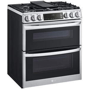 LG 30 in. 6.9 cu. ft. Smart Air Fry True European Convection Double Oven Slide-In Gas Range with 5 Sealed Burners & Griddle - PrintProof Stainless Steel, PrintProof Stainless Steel, hires