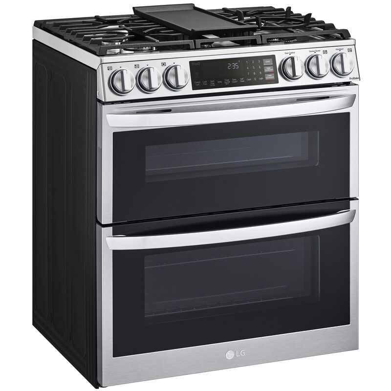 LG 30 in. 6.9 cu. ft. Smart Air Fry True European Convection Double Oven Slide-In Gas Range with 5 Sealed Burners & Griddle - PrintProof Stainless Steel, PrintProof Stainless Steel, hires