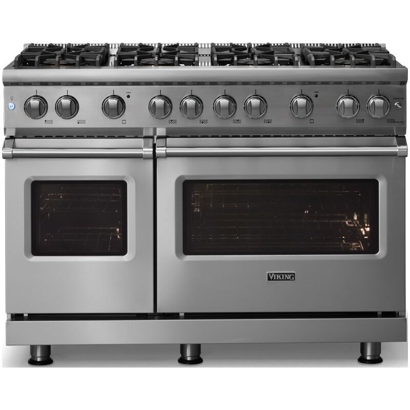 Viking 5 Series 48 in. 6.1 cu. ft. Standard Convection Double Oven Gas Range with 8 Sealed Burners - Stainless Steel - Natural Gas, Polished Chrome Trim Option, , hires