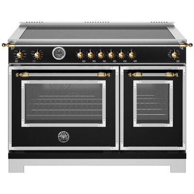 Bertazzoni Heritage Series 48 in. 7.0 cu. ft. Air-Fry Dual Convection Double Oven Electric Range with 6 Induction Burners & Griddle - Matte Black | HER486IGEPNG