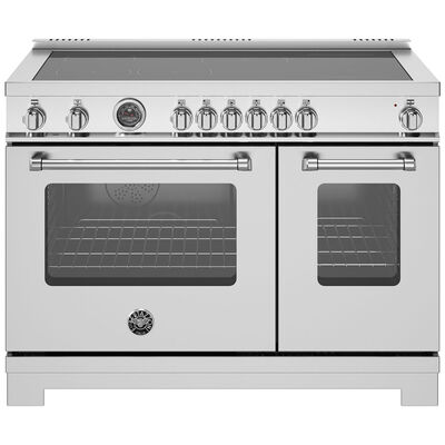 Bertazzoni Master Series 48 in. 7.0 cu. ft. Air Fry Convection Double Oven Freestanding Electric Range with 6 Induction Zones & Griddle - Stainless Steel | MA486IGFEPXT