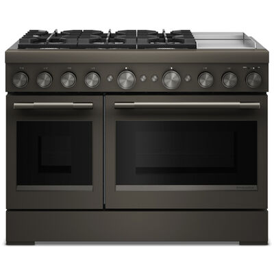 KitchenAid Commercial-Style 48 in. 6.3 cu. ft. Air-Fry True European Convection Double Oven Dual Fuel Range with 6 Sealed Burners & Griddle - Black Ore | KFDD948SBE