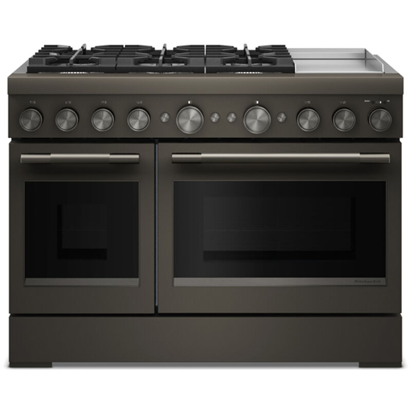 KitchenAid Commercial-Style 48 in. 6.3 cu. ft. Air-Fry True European Convection Double Oven Dual Fuel Range with 6 Sealed Burners & Griddle - Black Ore, , hires