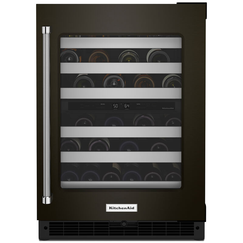 KitchenAid 24 in. Undercounter Wine Cooler with Metal Front Racks, Dual Zones & 46 Bottle Capacity Right Hinged - Black Stainless, Black Stainless, hires
