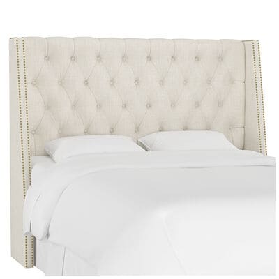 Skyline Full Nail Button Tufted Wingback Headboard in Linen - Talc | 121NBBRLNNTL