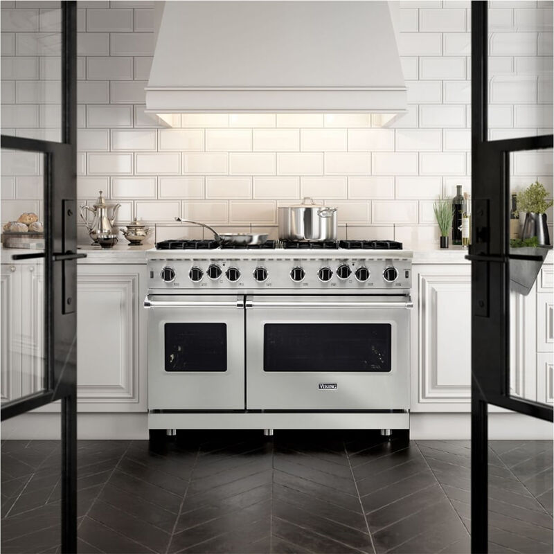 Viking 5 Series 48 in. 6.1 cu. ft. Standard Convection Double Oven Gas Range with Open Burners - Stainless Steel, , hires