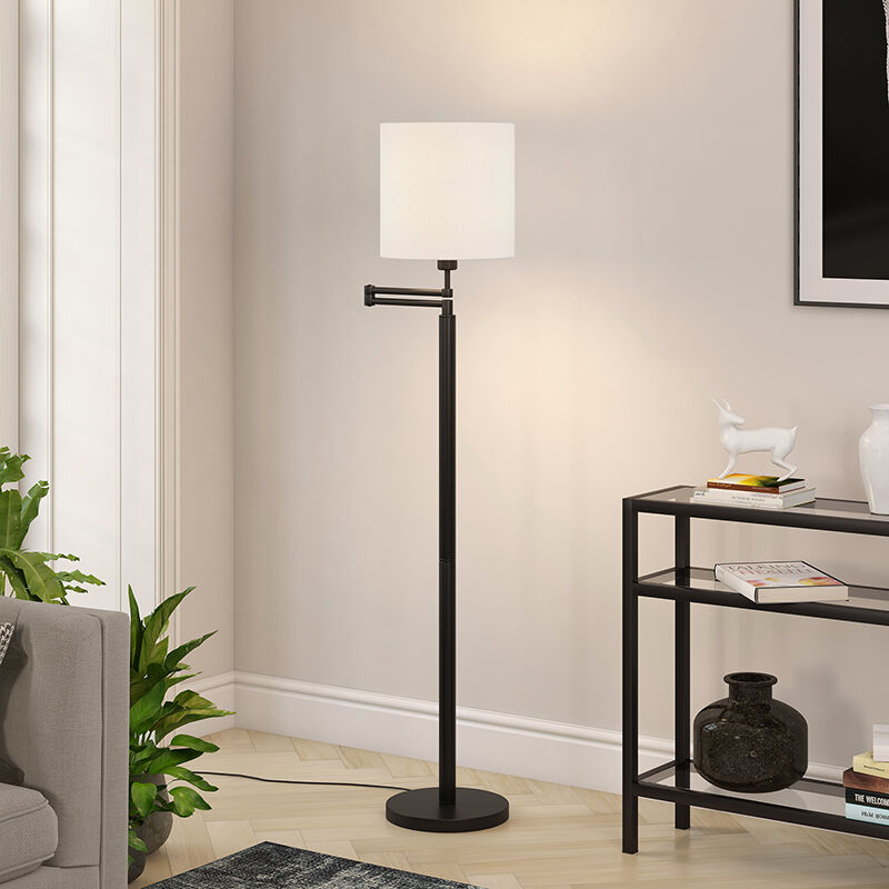 Hudson & Canal Moby Swing Arm Blackened Bronze Floor Lamp with Round ...