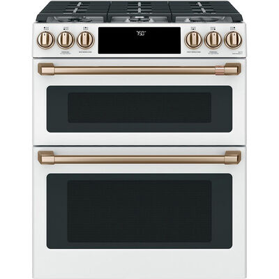 Cafe 30 in. 6.7 cu. ft. Smart Air Fry True European Convection Double Oven Slide-In Gas Range with 6 Sealed Burners & Griddle - Matte White | CGS750P4MW2