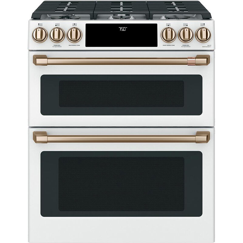 Cafe 30 in. 6.7 cu. ft. Smart Air Fry True European Convection Double Oven Slide-In Gas Range with 6 Sealed Burners & Griddle - Matte White, Matte White, hires