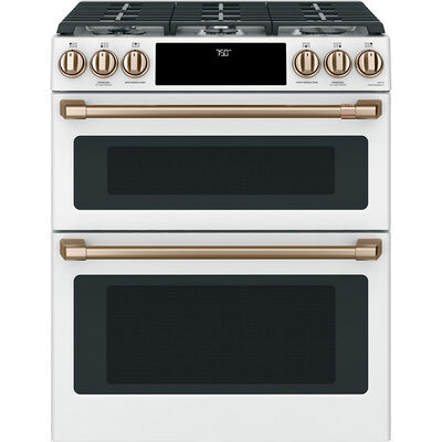 Cafe 30" Slide-In Gas Range with 6 Sealed Burners, Griddle & 7.0 Cu. Ft. Double Oven - Matte White | CGS750P4MW2