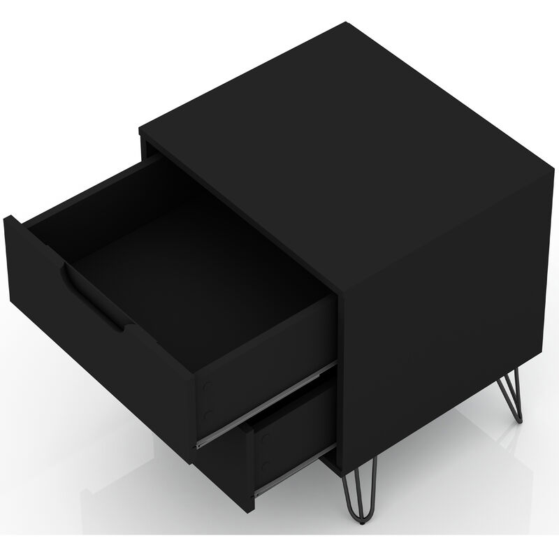 Manhattan Comfort Rockefeller Mid-Century Modern 2-Drawer Nightstand Black, Black, hires