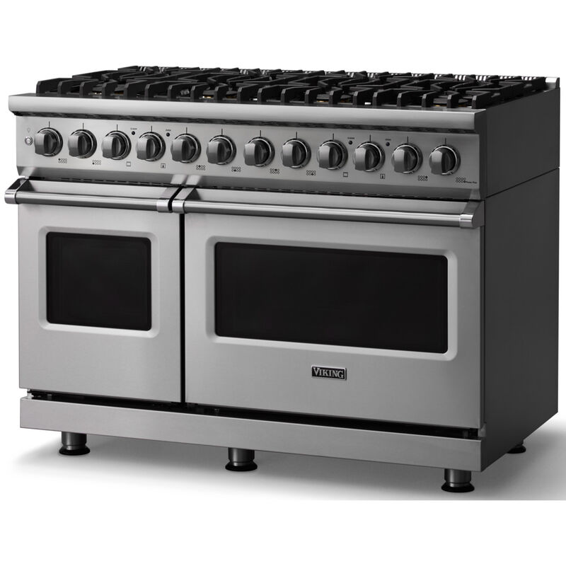Viking 5 Series 48 in. 7.3 cu. ft. True European Convection Double Oven Dual Fuel Range with 8 Sealed Burners - Stainless Steel - Liquid Propane Gas, Polished Chrome Trim Option, , hires