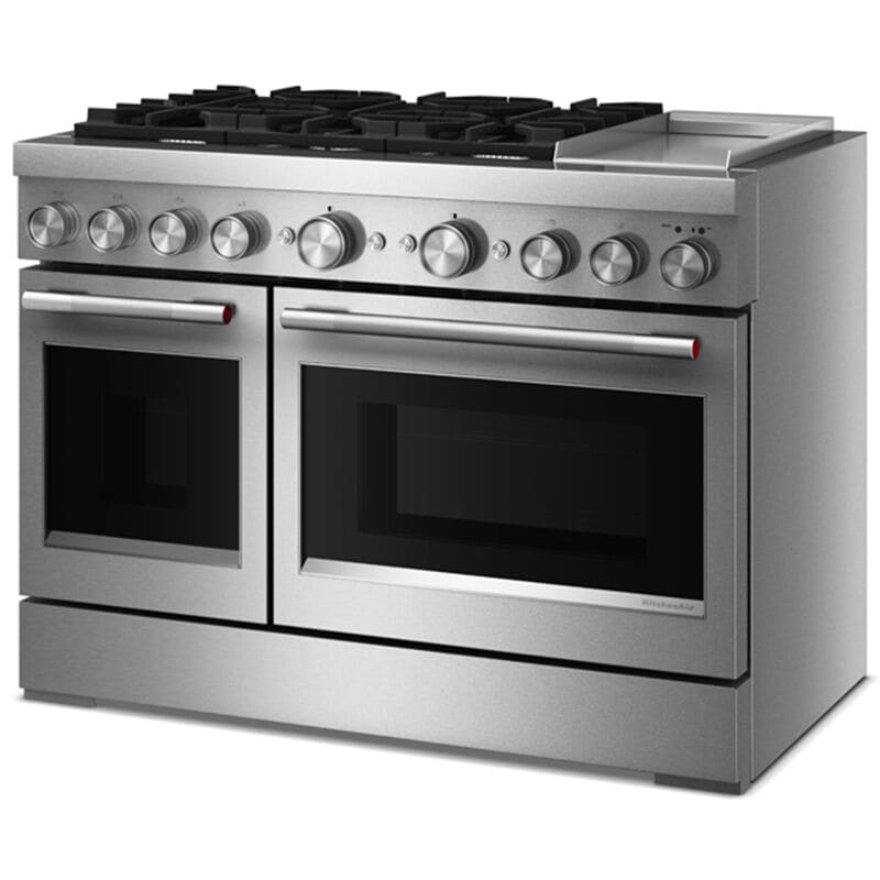 KitchenAid Commercial-Style 48 in. 6.3 cu. ft. Air-Fry True European Convection Double Oven Dual Fuel Range with 6 Sealed Burners & Griddle - Stainless Steel, , hires