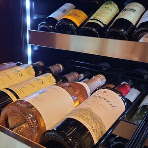 XO 24 in. Wine Cooler with Metal Racks, Dual Temperature Zones & 119 Bottle Capacity - Black Glass, , hires