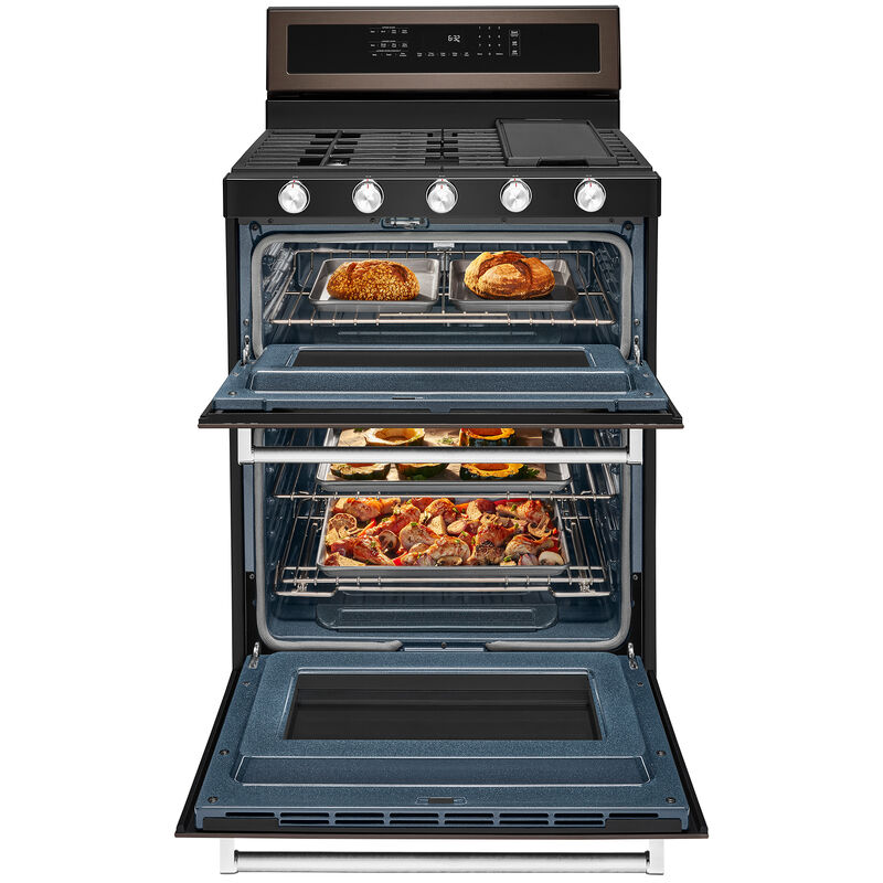 KitchenAid 30 in. 6.0 cu. ft. Convection Double Oven Freestanding Gas Range with 5 Sealed Burners - Black Stainless Steel, , hires