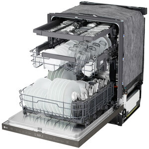 LG 24 in. Top Control Flush-Mount Smart Dishwasher with 46 dBA Sound Level, 3rd-Rack, AutoVent Dry & Pocket Handle - Black Stainless Steel, , hires