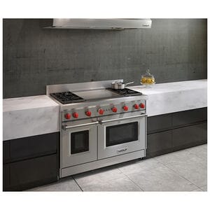 Wolf 48 in. 6.9 cu. ft. Standard Convection Double Oven Gas Range with 4 Sealed Burners & Griddle - Stainless Steel, , hires