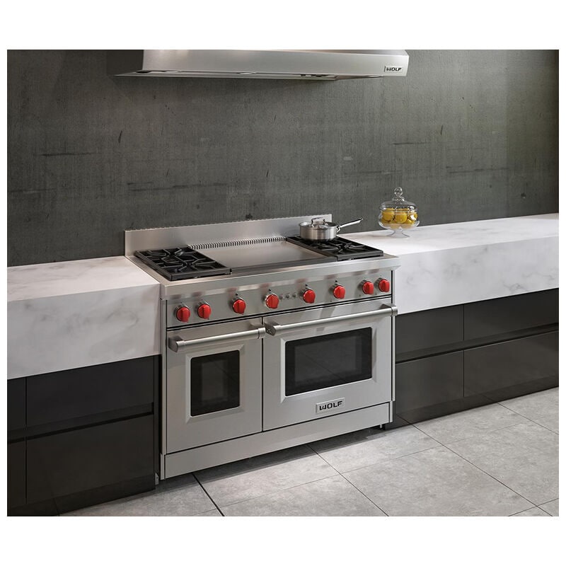 Wolf 48 in. 6.9 cu. ft. Standard Convection Double Oven Gas Range with 4 Sealed Burners & Griddle - Stainless Steel, , hires