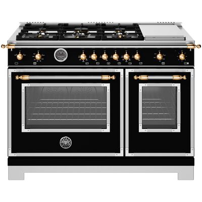 Bertazzoni Heritage Series 48 in. 7.1 cu. ft. Dual Convection Double Oven Gas Range with 6 Sealed Burners & Griddle - Matte Black | HER486BTGMNG