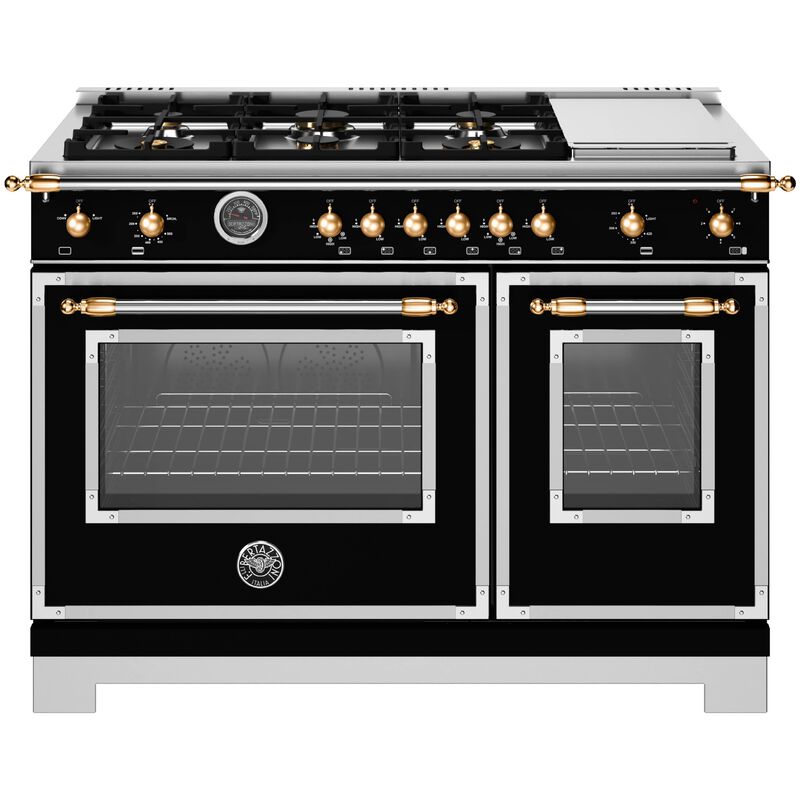 Bertazzoni Heritage Series 48 in. 7.1 cu. ft. Dual Convection Double Oven Gas Range with 6 Sealed Burners & Griddle - Matte Black, , hires