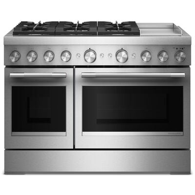 KitchenAid Commercial-Style 48 in. 6.3 cu. ft. Air-Fry True European Convection Double Oven Dual Fuel Range with 6 Sealed Burners & Griddle - Stainless Steel | KFDD948SSS