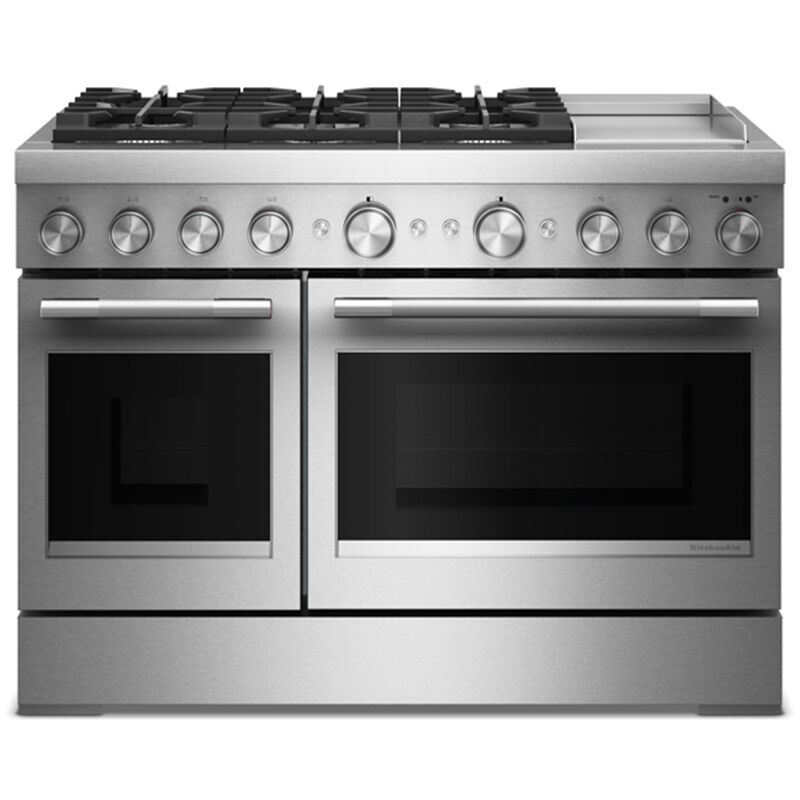 KitchenAid Commercial-Style 48 in. 6.3 cu. ft. Air-Fry True European Convection Double Oven Dual Fuel Range with 6 Sealed Burners & Griddle - Stainless Steel, , hires