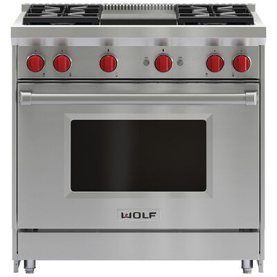 Wolf 36 in. 5.5 cu. ft. Standard Convection Gas Range with 4 Sealed Burners & Griddle - Stainless Steel | GR364GLP