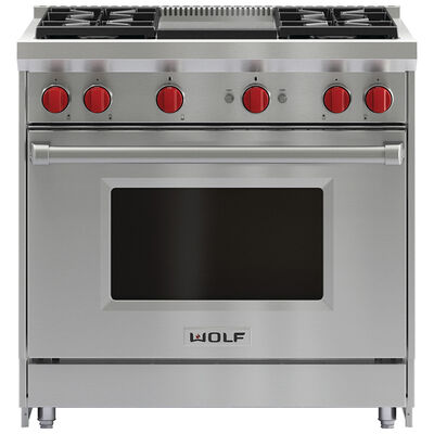 Wolf 36 in. 5.5 cu. ft. Oven Freestanding LP Gas Range with 4 Sealed Burners & Griddle - Stainless Steel | GR364GLP